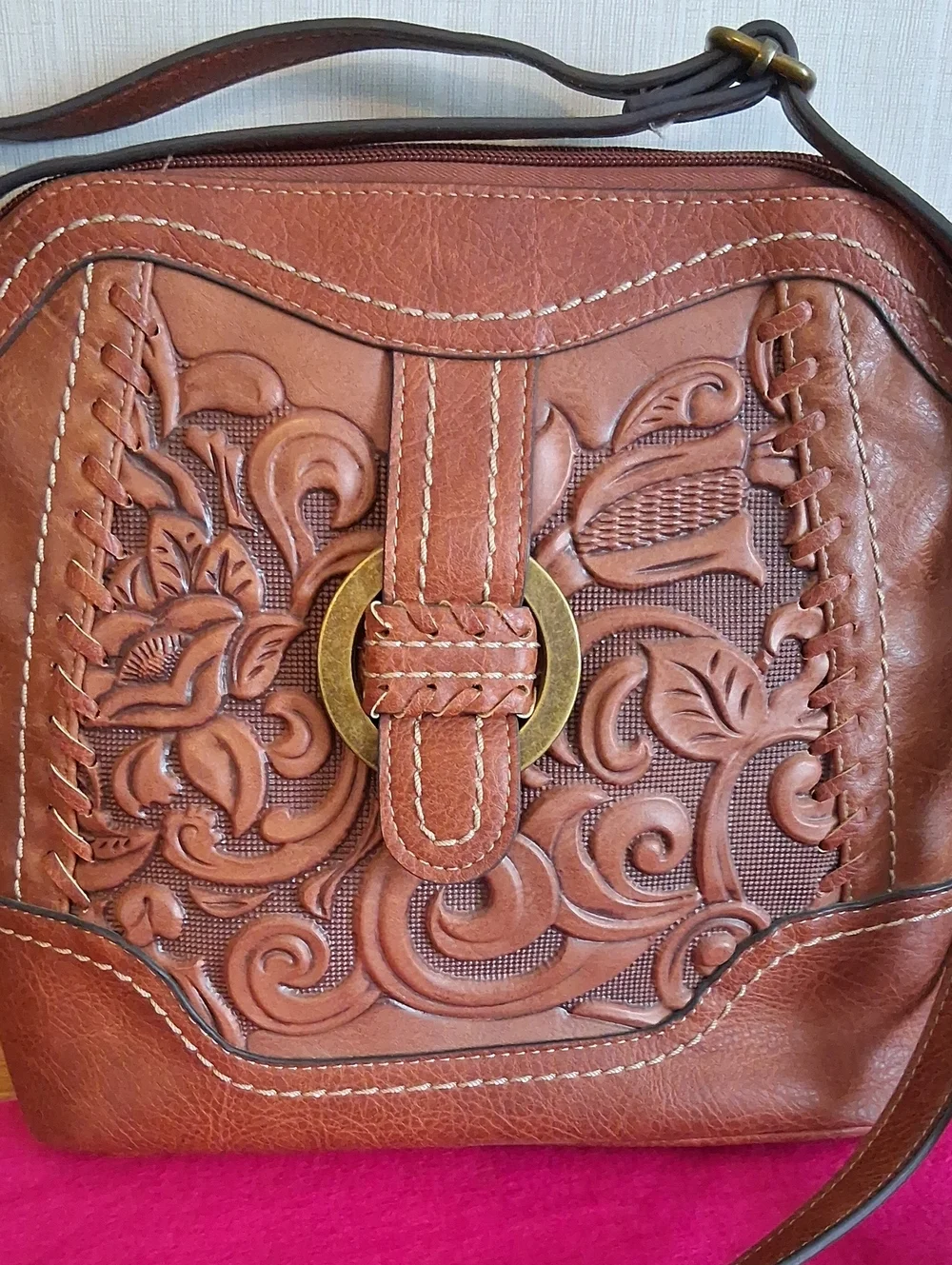 B.O.C. Women's Brown Leather Crossbody Bag with Floral Embossing